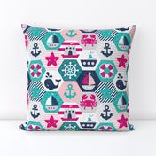 Nautical Baby Hexagonal Quilt / Pink Blue White Linen Texture / Large Scale