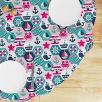 Nautical Baby Hexagonal Quilt / Pink Blue White Linen Texture / Large Scale