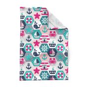 Nautical Baby Hexagonal Quilt / Pink Blue White Linen Texture / Large Scale