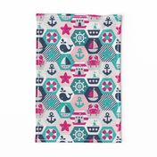 Nautical Baby Hexagonal Quilt / Pink Blue White Linen Texture / Large Scale