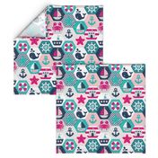 Nautical Baby Hexagonal Quilt / Pink Blue White Linen Texture / Large Scale