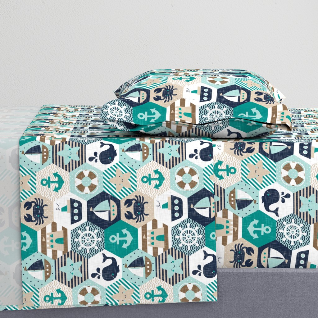 Nautical Baby Hexagonal Quilt / Teal Mint Beige White Linen Texture / Large Scale