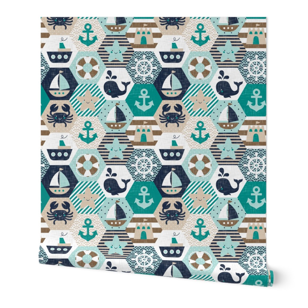 Nautical Baby Hexagonal Quilt / Teal Mint Beige White Linen Texture / Large Scale