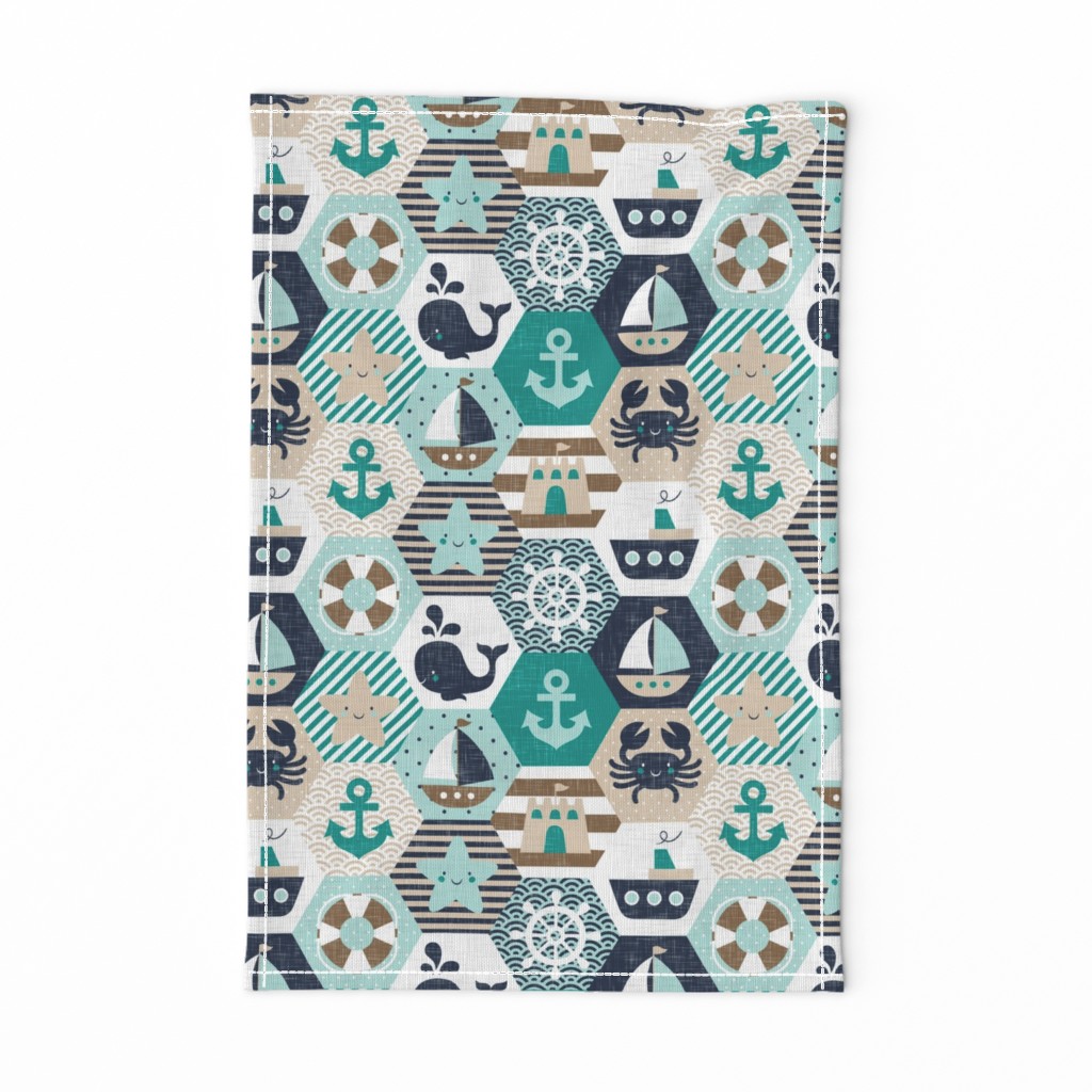 Nautical Baby Hexagonal Quilt / Teal Mint Beige White Linen Texture / Large Scale