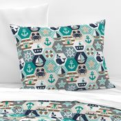 Nautical Baby Hexagonal Quilt / Teal Mint Beige White Linen Texture / Large Scale