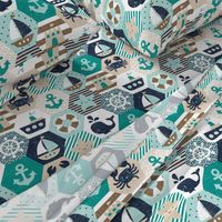 Nautical Baby Hexagonal Quilt / Teal Mint Beige White Linen Texture / Large Scale