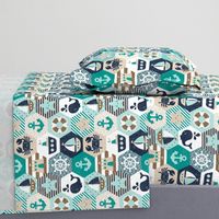 Nautical Baby Hexagonal Quilt / Teal Mint Beige White Linen Texture / Large Scale