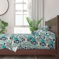 Nautical Baby Hexagonal Quilt / Teal Mint Beige White Linen Texture / Large Scale