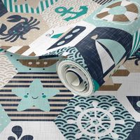 Nautical Baby Hexagonal Quilt / Teal Mint Beige White Linen Texture / Large Scale