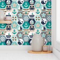 Nautical Baby Hexagonal Quilt / Teal Mint Beige White Linen Texture / Large Scale