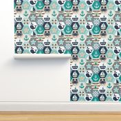 Nautical Baby Hexagonal Quilt / Teal Mint Beige White Linen Texture / Large Scale