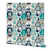 Nautical Baby Hexagonal Quilt / Teal Mint Beige White Linen Texture / Large Scale