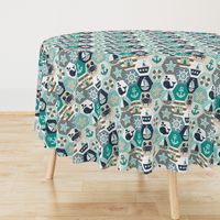 Nautical Baby Hexagonal Quilt / Teal Mint Beige White Linen Texture / Large Scale