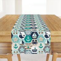 Nautical Baby Hexagonal Quilt / Teal Mint Beige White Linen Texture / Large Scale