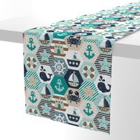 Nautical Baby Hexagonal Quilt / Teal Mint Beige White Linen Texture / Large Scale