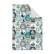 Nautical Baby Hexagonal Quilt / Teal Mint Beige White Linen Texture / Large Scale