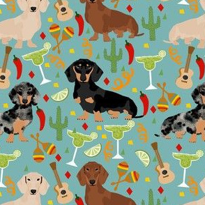 dachshund fiesta fabric - cinco de mayo fabric - party fabric - blue