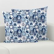 Nautical Baby Hexagonal Quilt / Blue Grey White Linen Texture / Small Scale