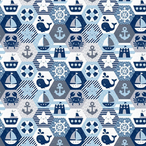Nautical Baby Hexagonal Quilt / Blue Grey White Linen Texture / Small Scale