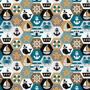 Nautical Baby Hexagonal Quilt / Mustard Blue Black White Linen Texture / Small Scale