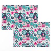 Nautical Baby Hexagonal Quilt / Pink Blue White Linen Texture / Small Scale