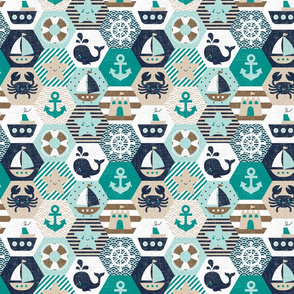 Nautical Baby Hexagonal Quilt / Teal Mint Beige White Linen Texture / Small Scale