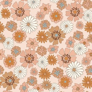 seventies floral fabric, 70s floral fabric, 70s daisies, pink, yellow, mustard florals fabric -  dusty pink with blue