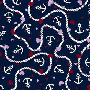 Hearts and anchors with rope on navy