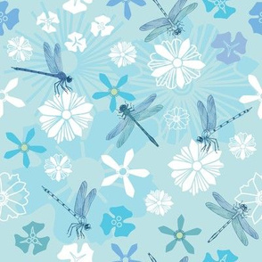 Colorful Pattern with Dragonflies and Abstract Flowers