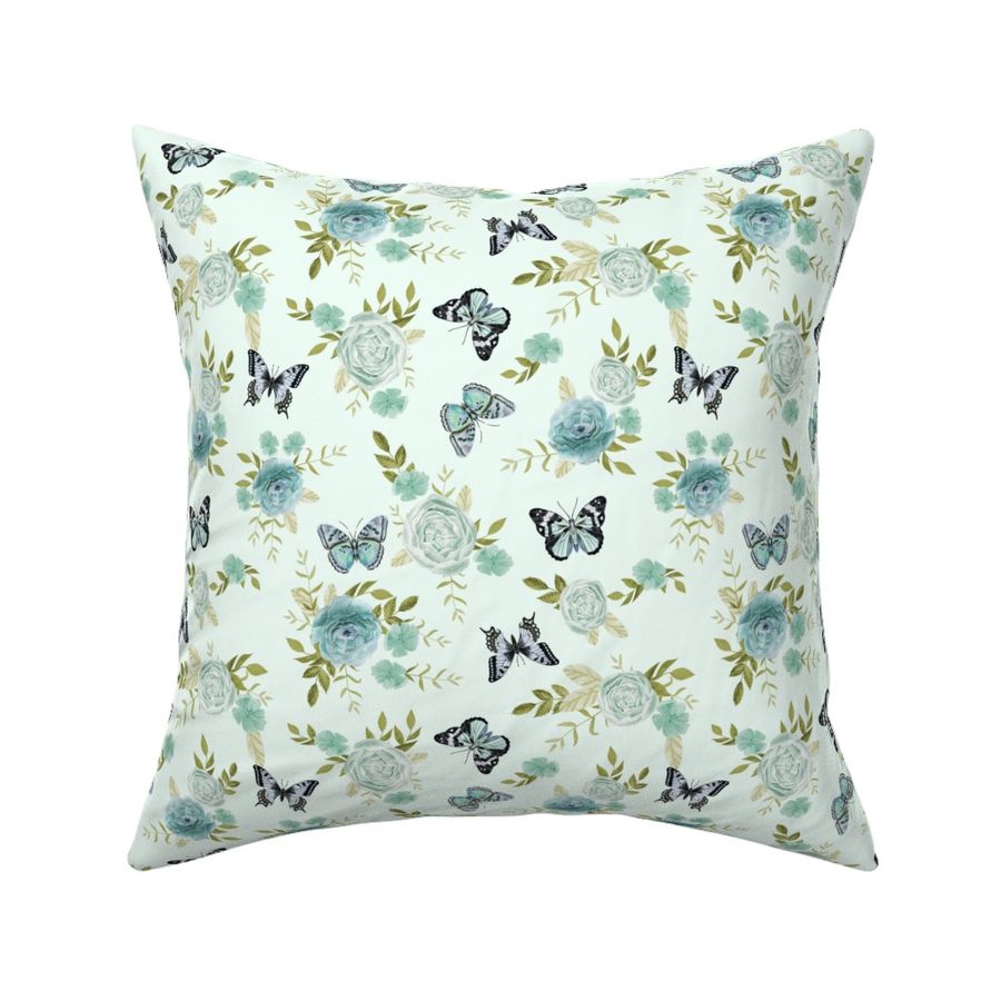 Blue Butterflies and watercolor florals fabric - light mint