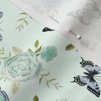 Blue Butterflies and watercolor florals fabric - light mint
