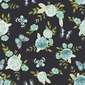 Blue Butterflies and watercolor florals fabric -dark