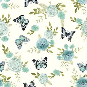 Blue Butterflies and watercolor florals fabric -cream