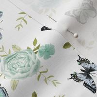 Blue Butterflies and watercolor florals fabric - white