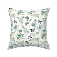 Blue Butterflies and watercolor florals fabric - white