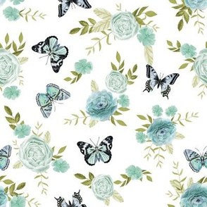 Blue Butterflies and watercolor florals fabric - white