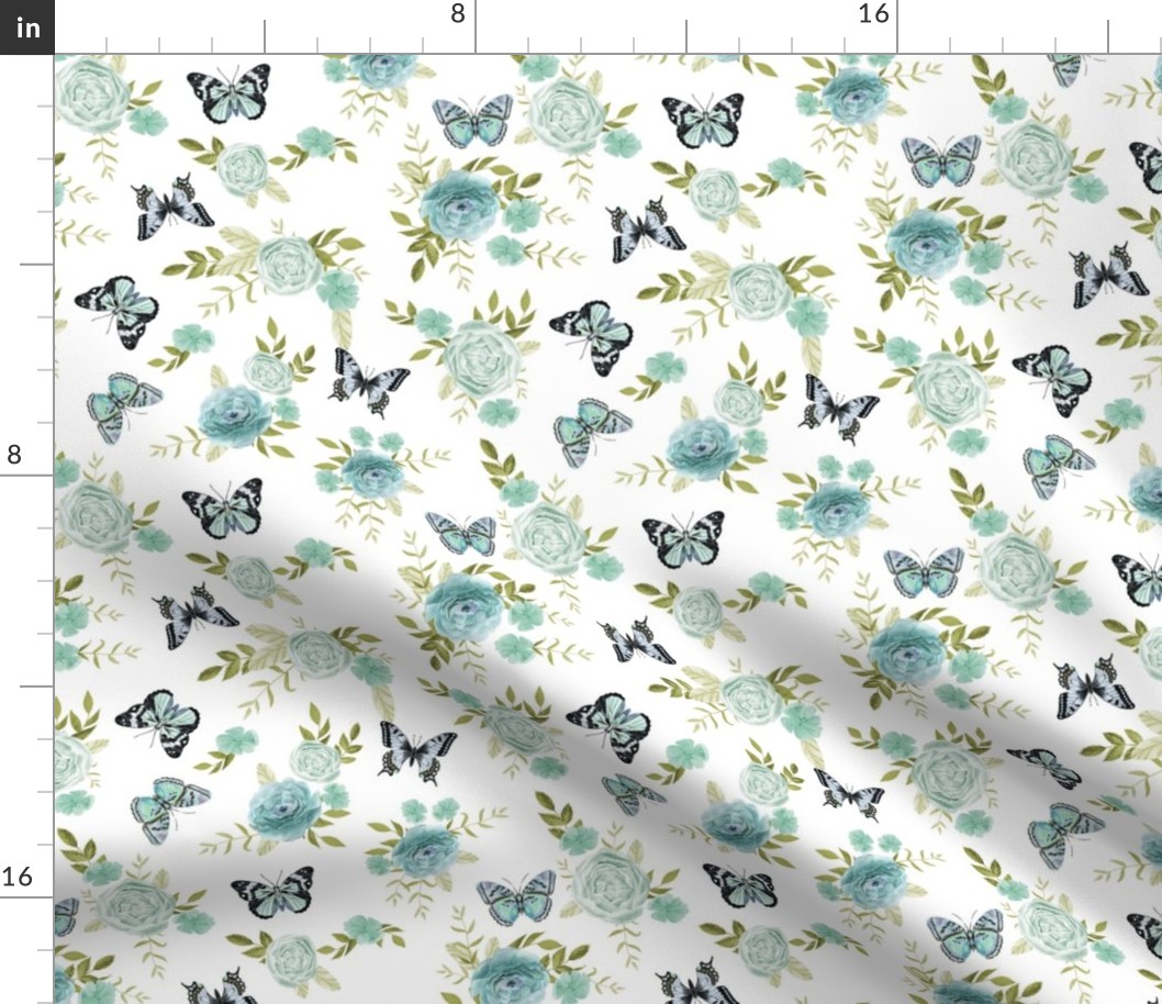 Blue Butterflies and watercolor florals fabric - white