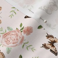 Peach  Butterflies and watercolor florals fabric - light cream