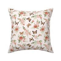 Peach  Butterflies and watercolor florals fabric - light cream