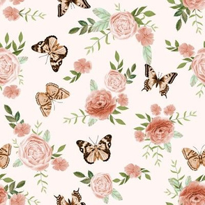 Peach  Butterflies and watercolor florals fabric - light cream