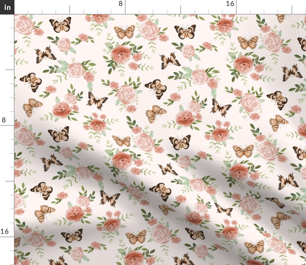 Peach  Butterflies and watercolor florals fabric - light cream
