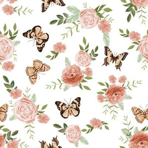 Peach  Butterflies and watercolor florals fabric - white