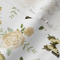 Yellow Butterflies and watercolor florals fabric - white