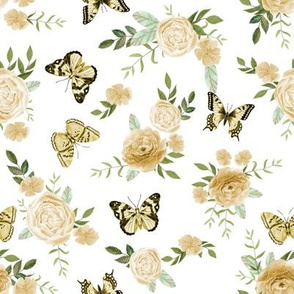 Yellow Butterflies and watercolor florals fabric - white