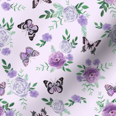 Purple Butterflies and watercolor florals fabric - lavender