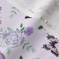 Purple Butterflies and watercolor florals fabric - lavender