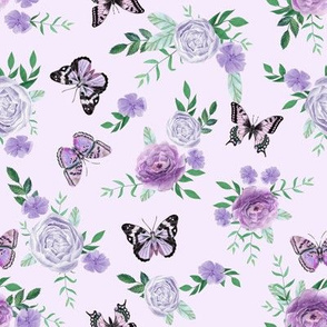 Purple Butterflies and watercolor florals fabric - lavender