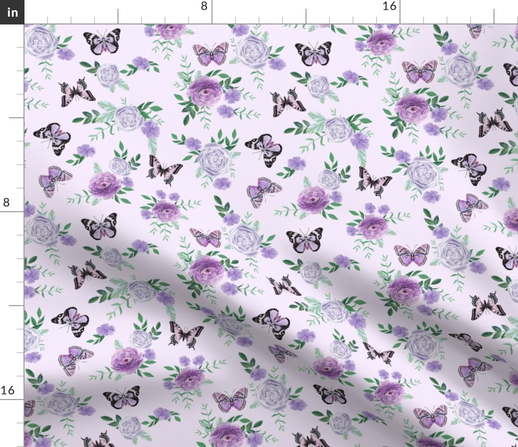 Purple Butterflies and watercolor florals fabric - lavender