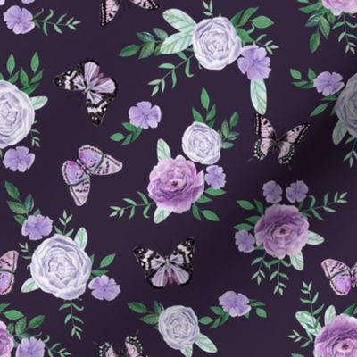 Purple Butterflies and watercolor florals fabric - navy