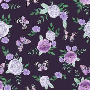 Purple Butterflies and watercolor florals fabric - navy